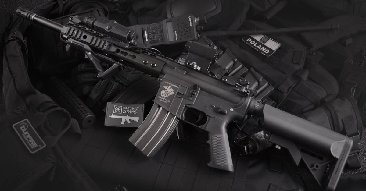 Detailed view of military rifles and tactical equipment, showcasing precision.